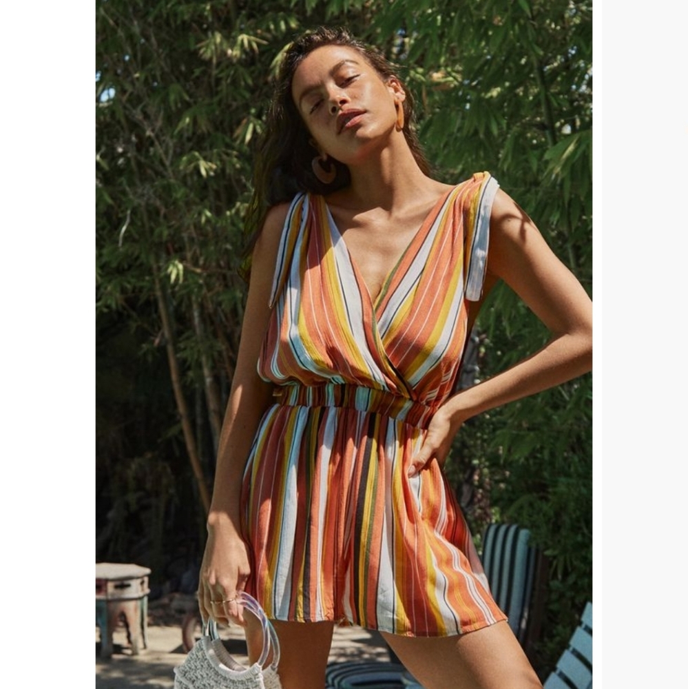 HYFVE Rust Stripe Gauze Romper Tie Straps Pockets